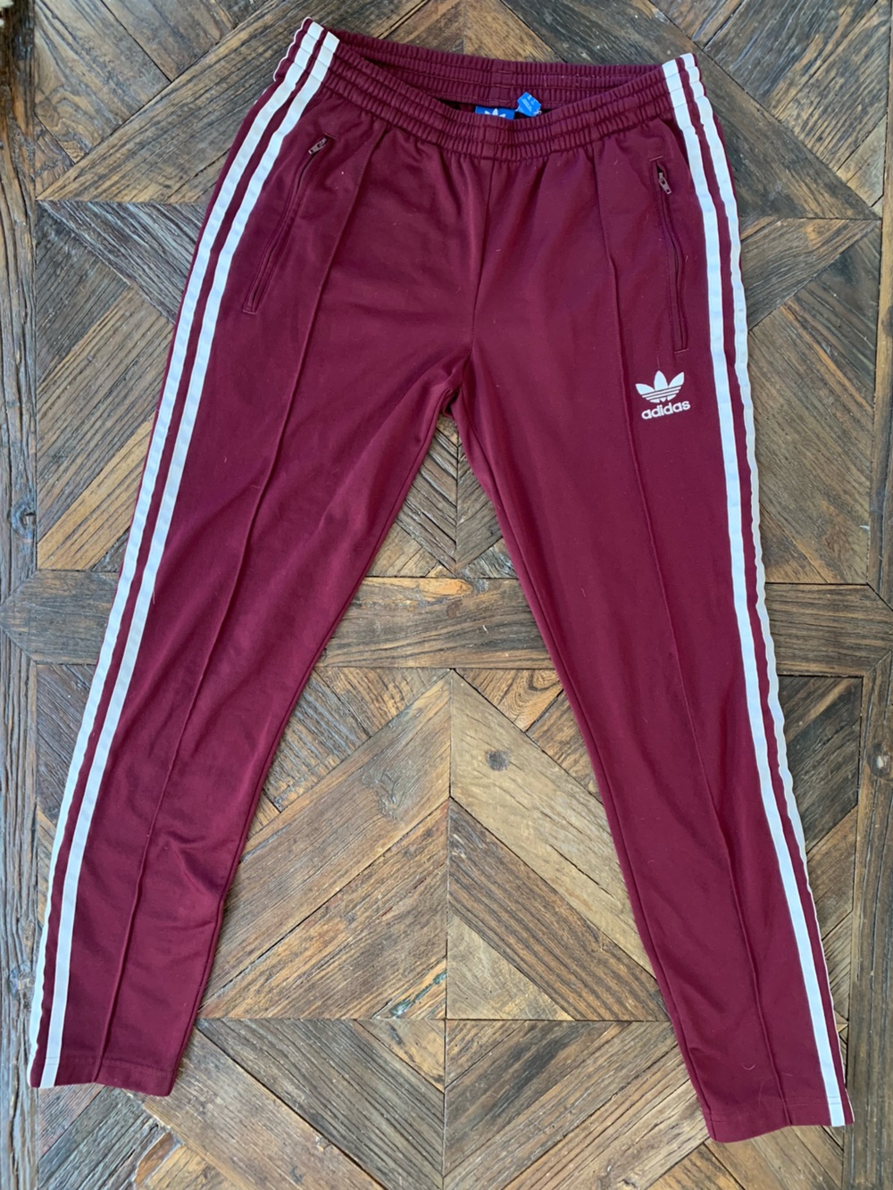 Cropped Adidas Maroon Joggers with White Side Stripes